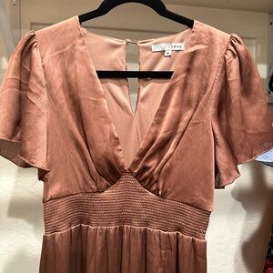 Baltic Born metallic Pink Maxi Dress with Plunge Neckline and Flutter Sleeves